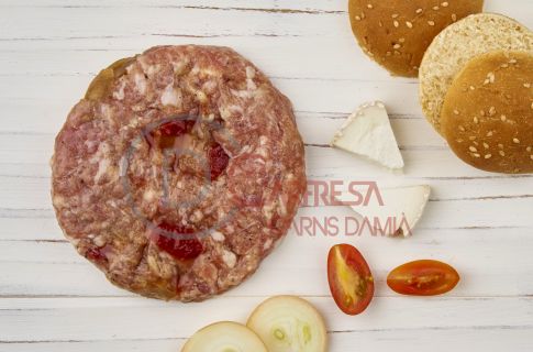 HAMBURGUESA DE PORC AMB MELMELADA DE TOMÀQUET,CEBA I FORMATGE (Sense conservants ni gluten )) -Disponible Sarrià de Ter 